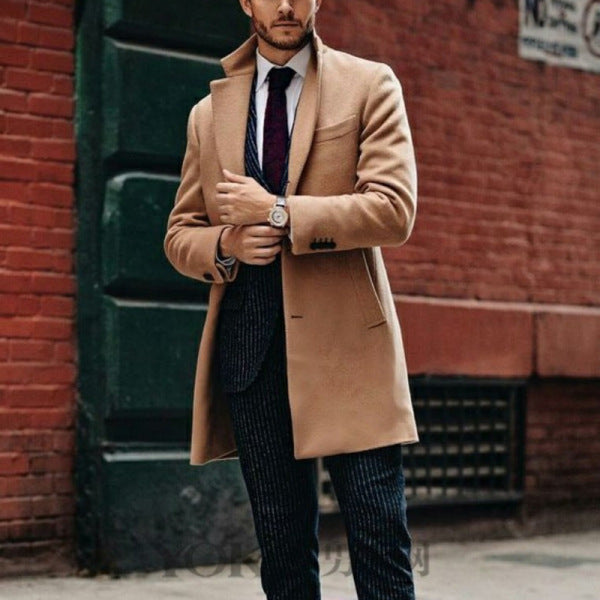 Long Double-Breasted Coat with Buttoned Sleeves