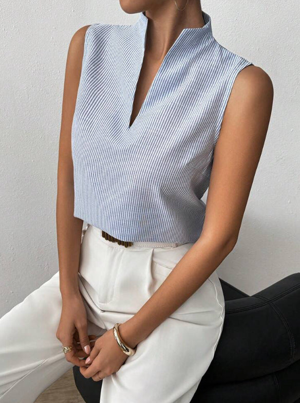 Sleeveless Striped Blouse with V-Neck