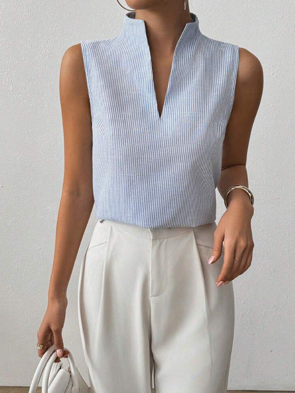 Sleeveless Striped Blouse with V-Neck