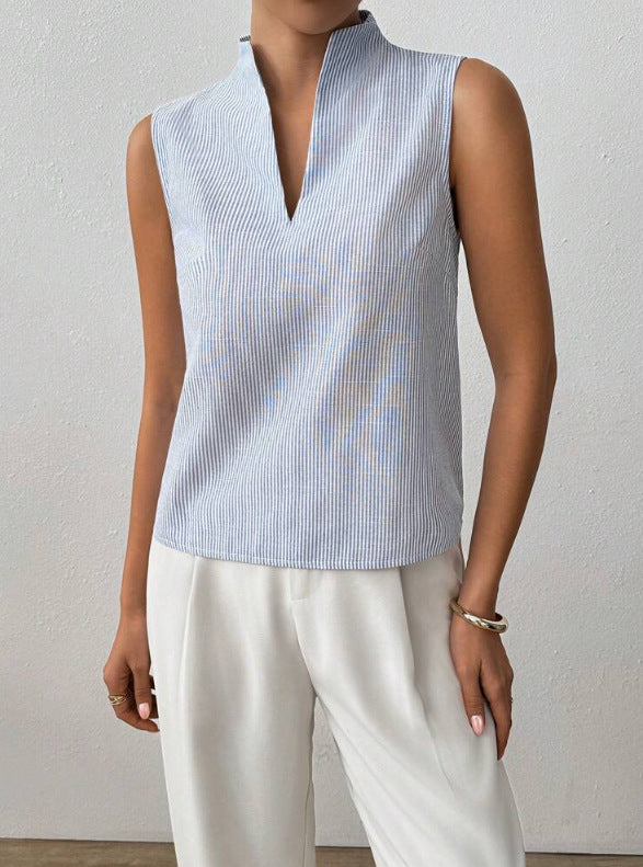 Sleeveless Striped Blouse with V-Neck