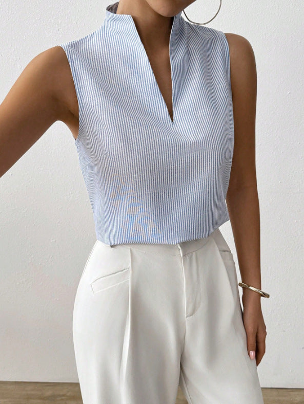 Sleeveless Striped Blouse with V-Neck