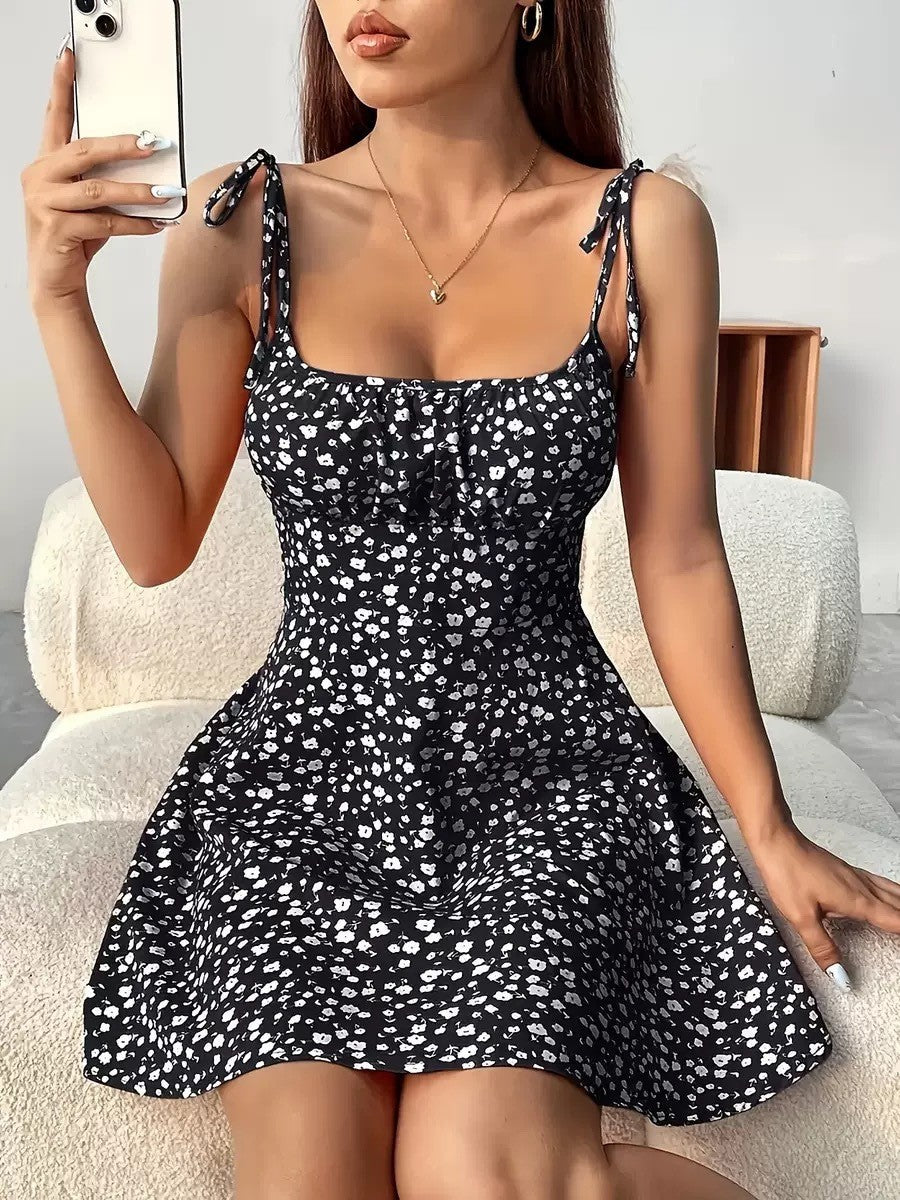 Short Floral Dress with Tied Straps