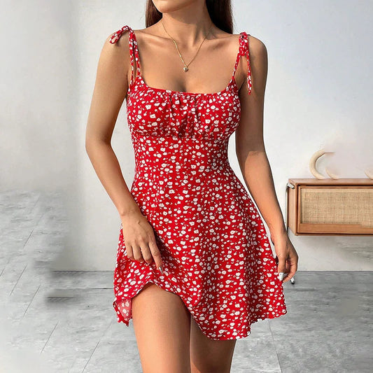 Short Floral Dress with Tied Straps