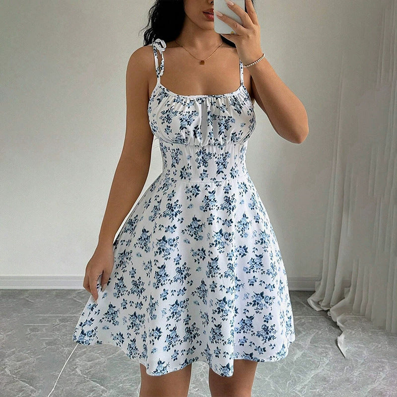 Short Floral Dress with Tied Straps