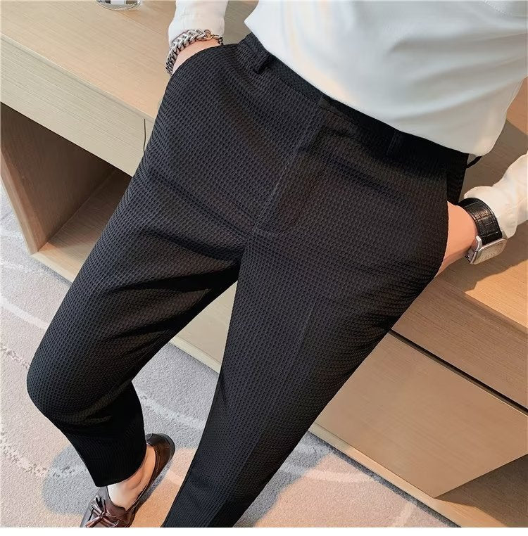 Pantaloni Casual da Uomo in Tessuto Waffle con Righe Verticali
