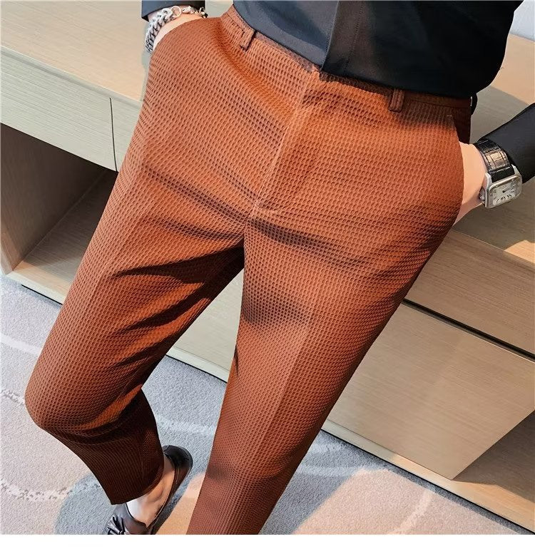 Pantaloni Casual da Uomo in Tessuto Waffle con Righe Verticali